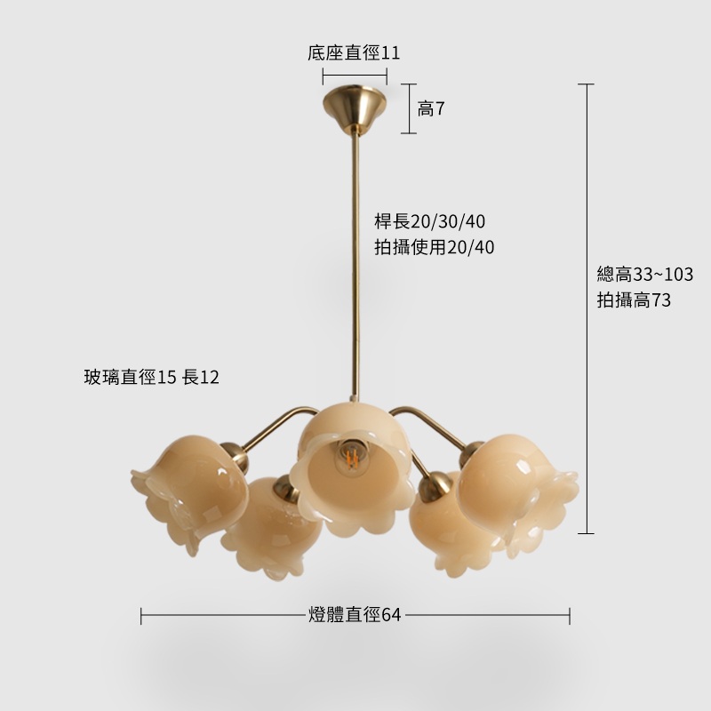 四季滿時吊燈-5燈 尺寸圖